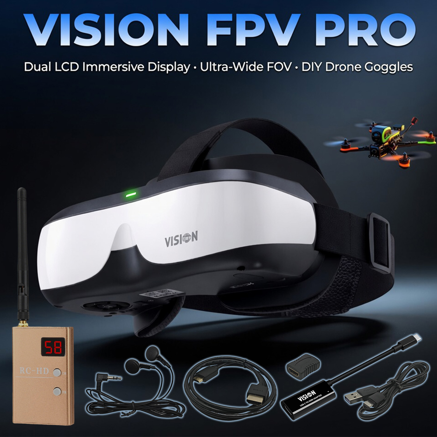 Skyzone Sky04O Pro Fpv Goggles - แว่นตา FPV, จอแสดงผลแบบติดศีรษะ, เครื่องรับสัญญาณวิดีโอแบบอนาล็อก, หมวกนิรภัยสำหรับการบินระดับเริ่มต้น, แว่นตาแบบไม่ใช่